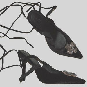 ASOS PEONY TIE LEG EMBELLISHED BOW HIGH HEELS NEW NIB 9 M BLACK VELVET SHOES